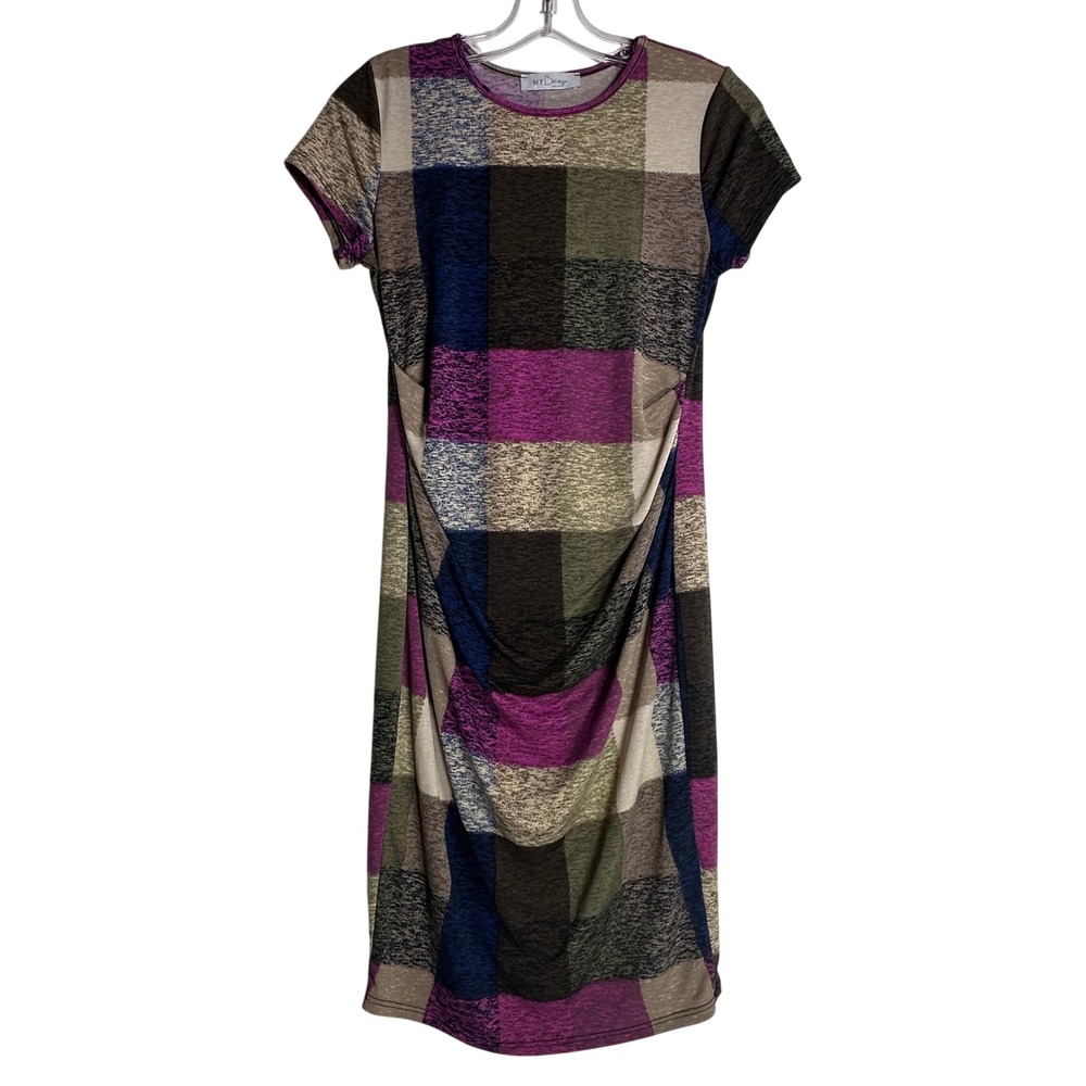 My Bump Womens Plaid Ruched Side Maternity Dress Purple‎ Blue Short Sleeve G42